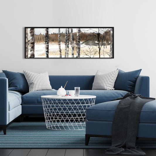 Toile rustique bleue « Marais d'hiver » | Décoration murale encadrée avec arbres