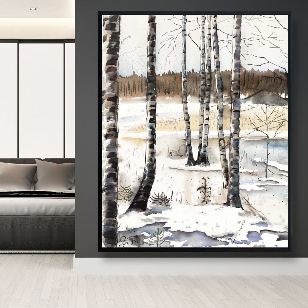 Toile rustique bleue « Marais d'hiver » | Décoration murale encadrée avec arbres