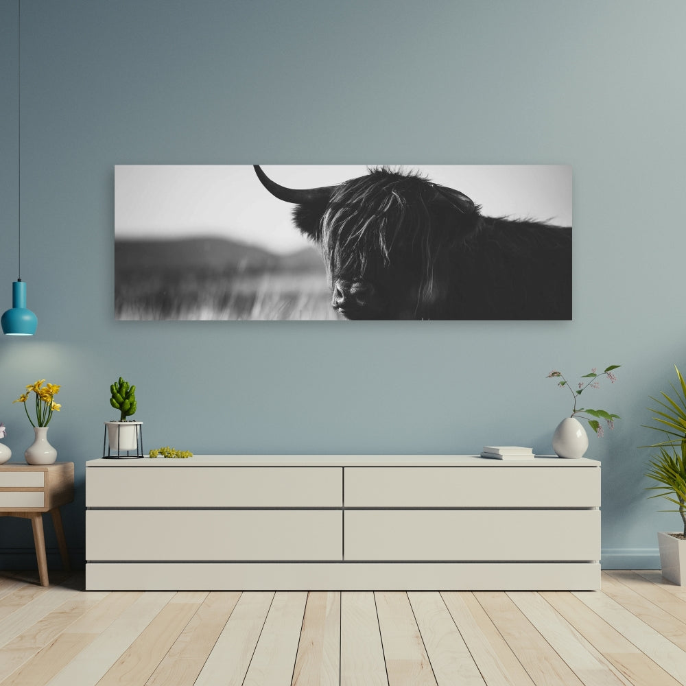 Beautiful Monochrome Highland Cow Canvas | Bedroom Farm Decor