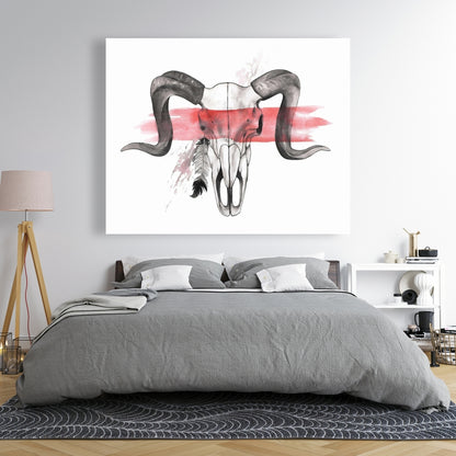 Aries Skull with Feather Canvas - Ethnic Gray Home Decor