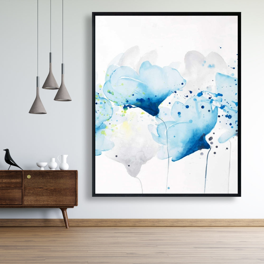 Watercolor Paint Splash Flowers | Blue Framed Canvas Decor