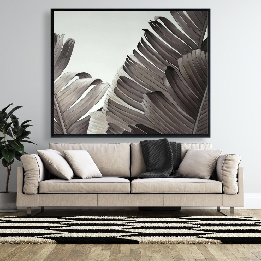 Toile à motifs de feuilles tropicales en niveaux de gris – Décoration florale exotique pour la maison