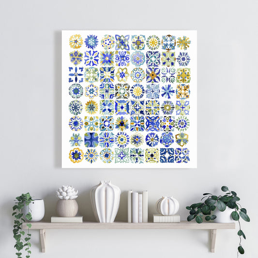 Watercolor Moroccan Tile Canvas - Blue Shapes Bedroom Decor