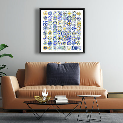Watercolor Moroccan Tiles Canvas - Shapes Blue Bedroom Decor