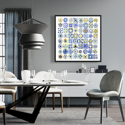 Watercolor Moroccan Tiles Canvas - Shapes Blue Bedroom Decor