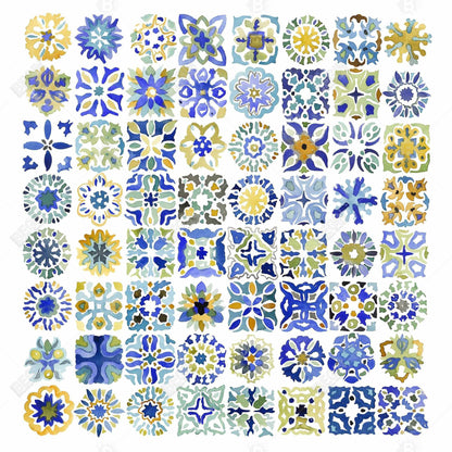 Watercolor Moroccan Tile Canvas - Blue Shapes Bedroom Decor
