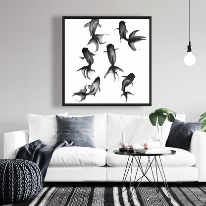 Black Fishes Framed Canvas | Illustrative Bedroom Decor