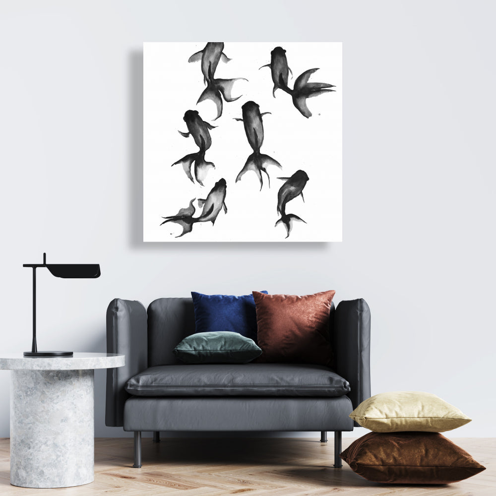 Black Fishes Canvas | Bedroom Decor | Animal Illustration Art