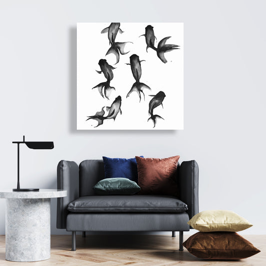 Black Fishes Canvas | Bedroom Decor | Animal Illustration Art