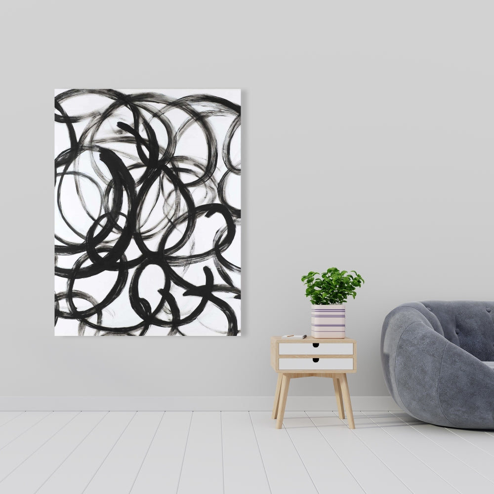 Toile blanche minimaliste abstraite aux lignes bouclées - Décoration d'intérieur