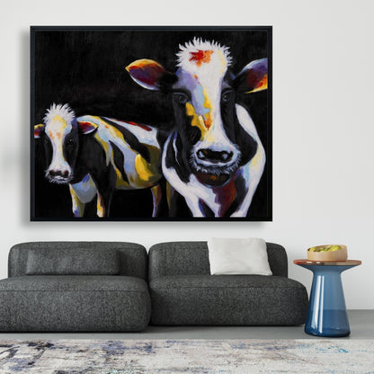 Two Funny Cows Framed Canvas - White Contemporary Home Decor