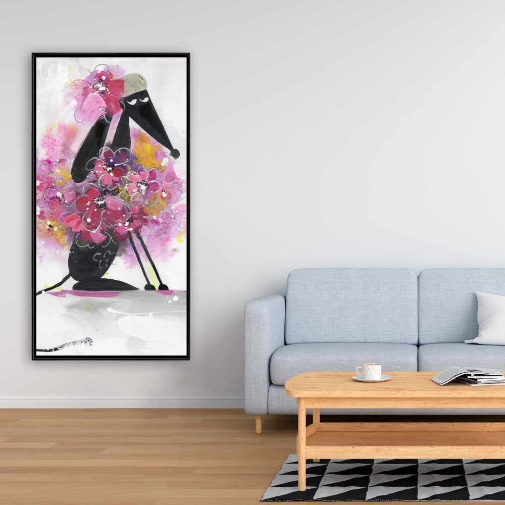 Cartoon Dog with Pink Flowers | Purple Bedroom Canvas Decor