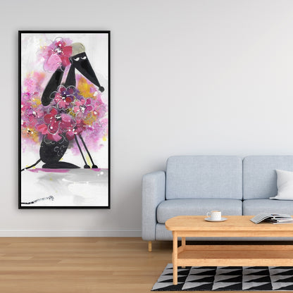 Cartoon Dog with Pink Flowers | Purple Bedroom Canvas Decor