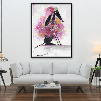 Cartoon Dog with Pink Flowers | Purple Bedroom Canvas Decor