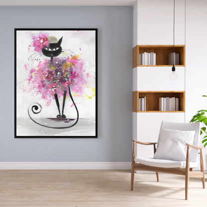 Cartoon Cat with Pink Flowers Canvas | Bedroom Animals Decor