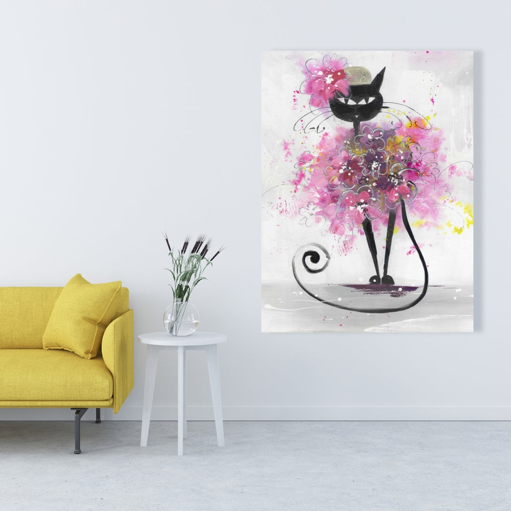 Cartoon Cat with Pink Flowers Canvas | Bedroom Wall Decor