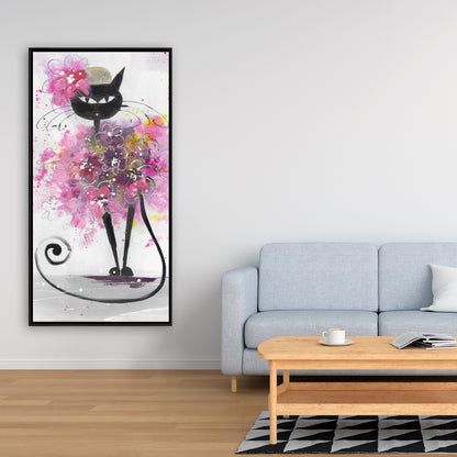 Cartoon Cat with Pink Flowers Canvas | Bedroom Animals Decor
