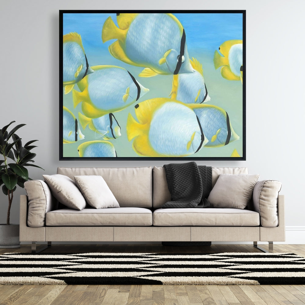 Butterfly Fishes Yellow Framed Canvas | Aquatic Home Decor