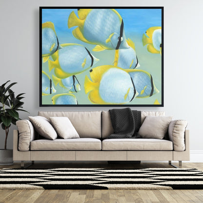 Butterfly Fishes Yellow Framed Canvas | Aquatic Home Decor