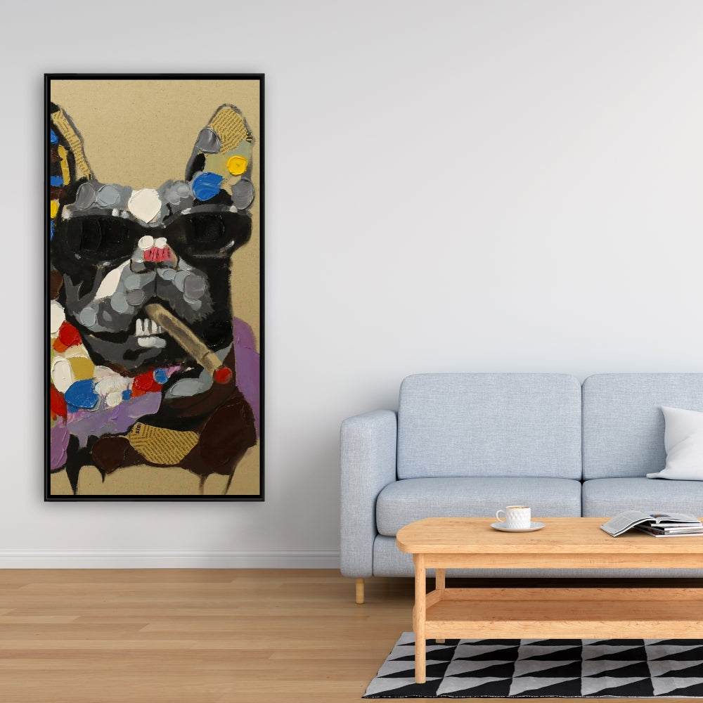Contemporary Gray Man Cave Canvas | Abstract Smoking Dog Decor