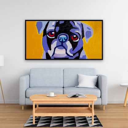Toile encadrée bleue « Flash the Pug » – Décoration de chambre contemporaine