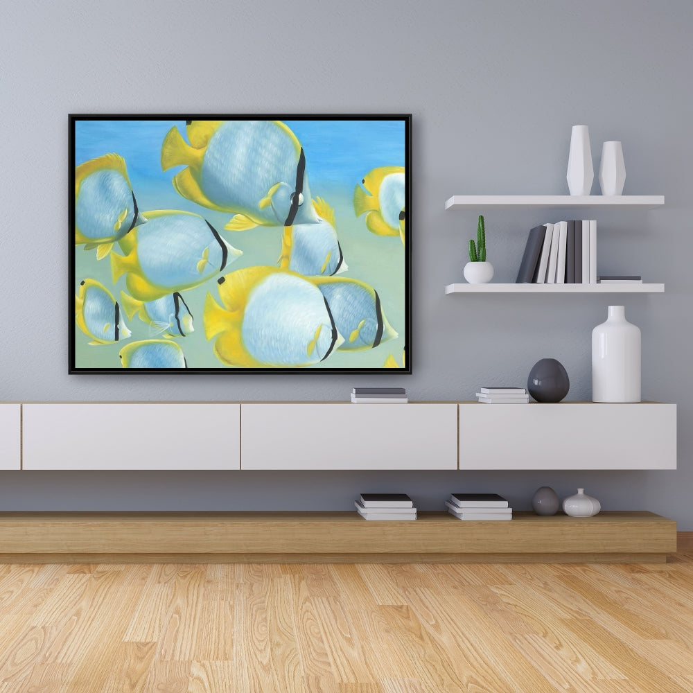 Butterfly Fishes Yellow Framed Canvas | Aquatic Home Decor