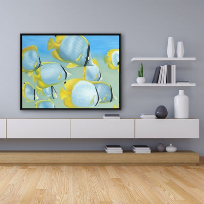 Butterfly Fishes Yellow Framed Canvas | Aquatic Home Decor