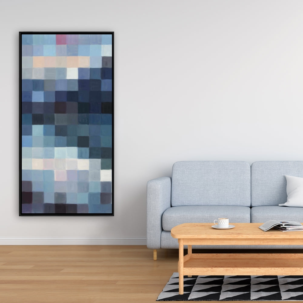 Toile de chambre bleue aux formes | Paysage montagneux pixelisé