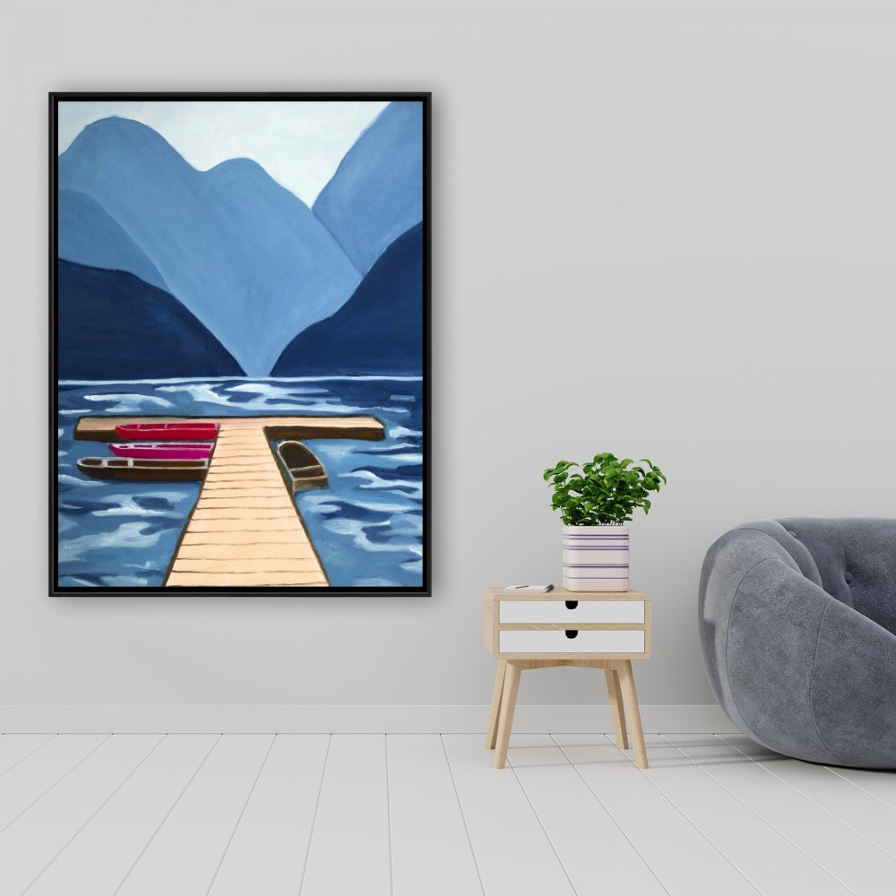 Blue Marine Mountains Framed Canvas - Lake, Quai & Mountains Decor
