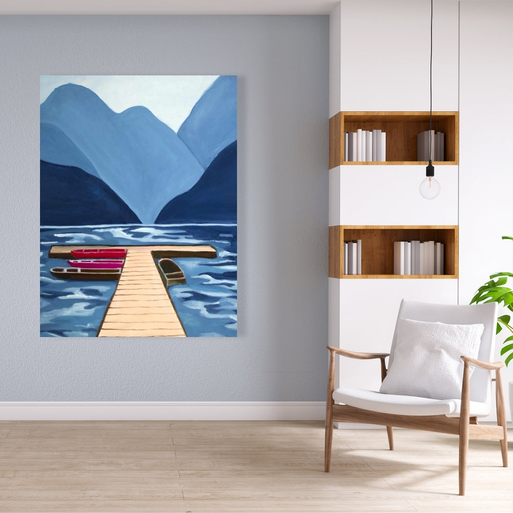 Toile bleue marine pour chambre à coucher | Décor montagneux Lake Quai