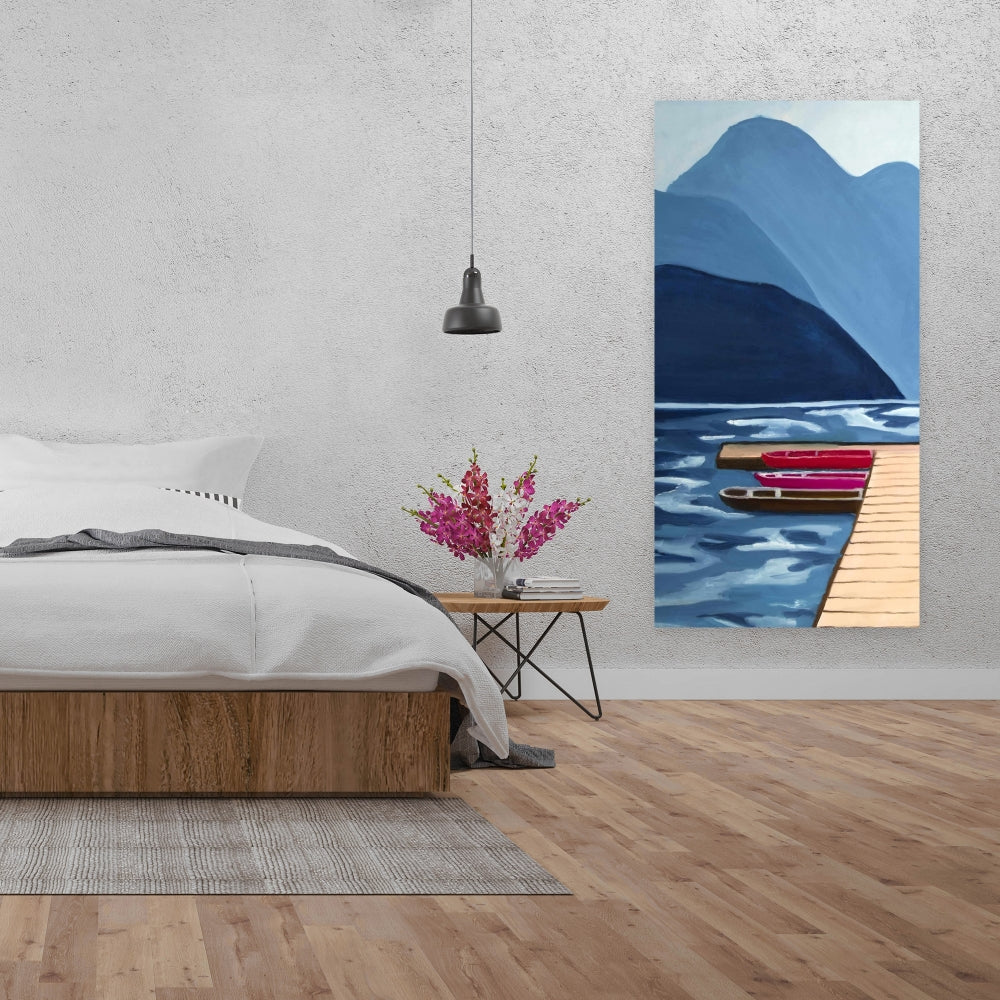 Toile bleue marine pour chambre à coucher | Décor montagneux Lake Quai