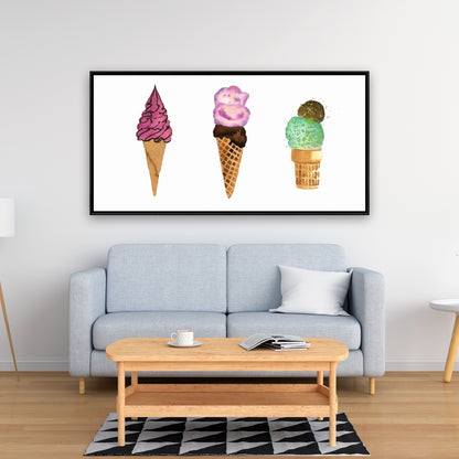 Ice Cream Cones Canvas - Yellow Frame | Kitchen Decor Art