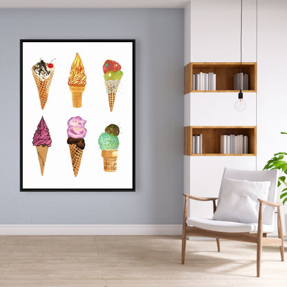 Ice Cream Cones Canvas - Yellow Frame | Kitchen Decor Art