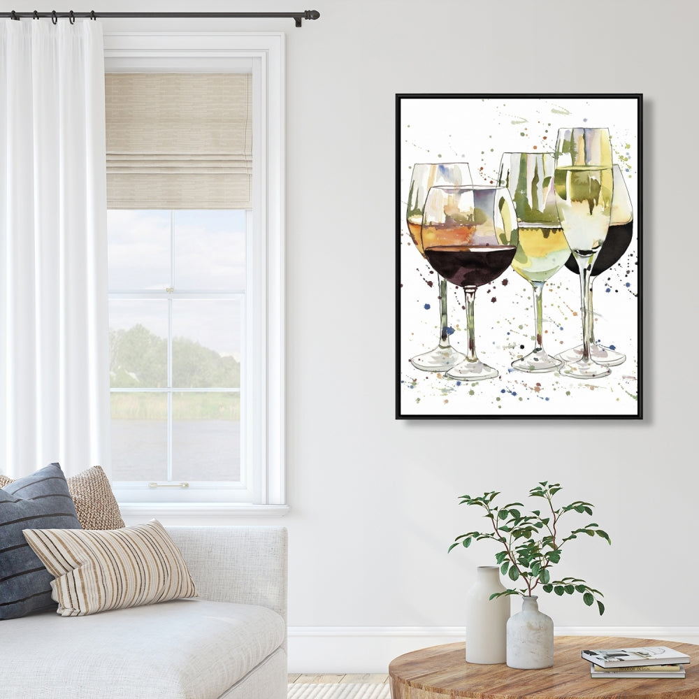 Toile encadrée jaune pour cuisine | Superbe décoration de verres à vin