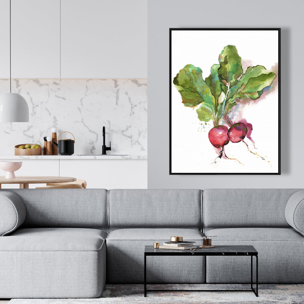 Watercolor Radish Framed Canvas | Kitchen Decor Wall Art