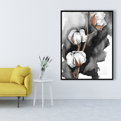 Toile noire à fleurs de coton | Décor botanique floral blanc