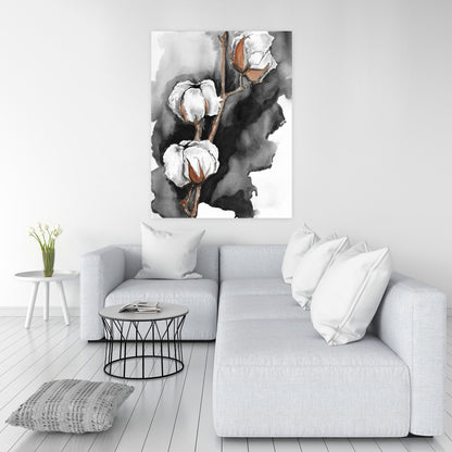 Toile botanique blanche pour bureau | Fleurs de coton sur fond noir
