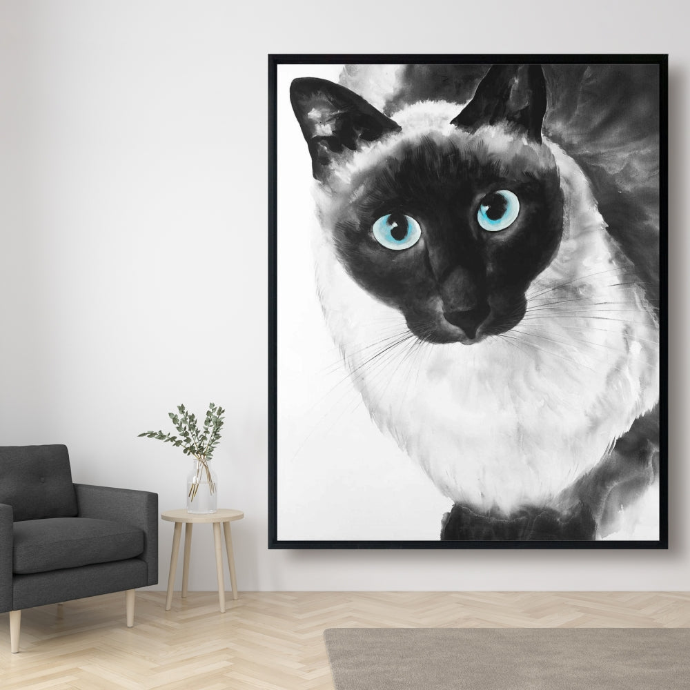 Toile de chat siamois aux yeux bleus - Décoration d'intérieur encadrée blanche