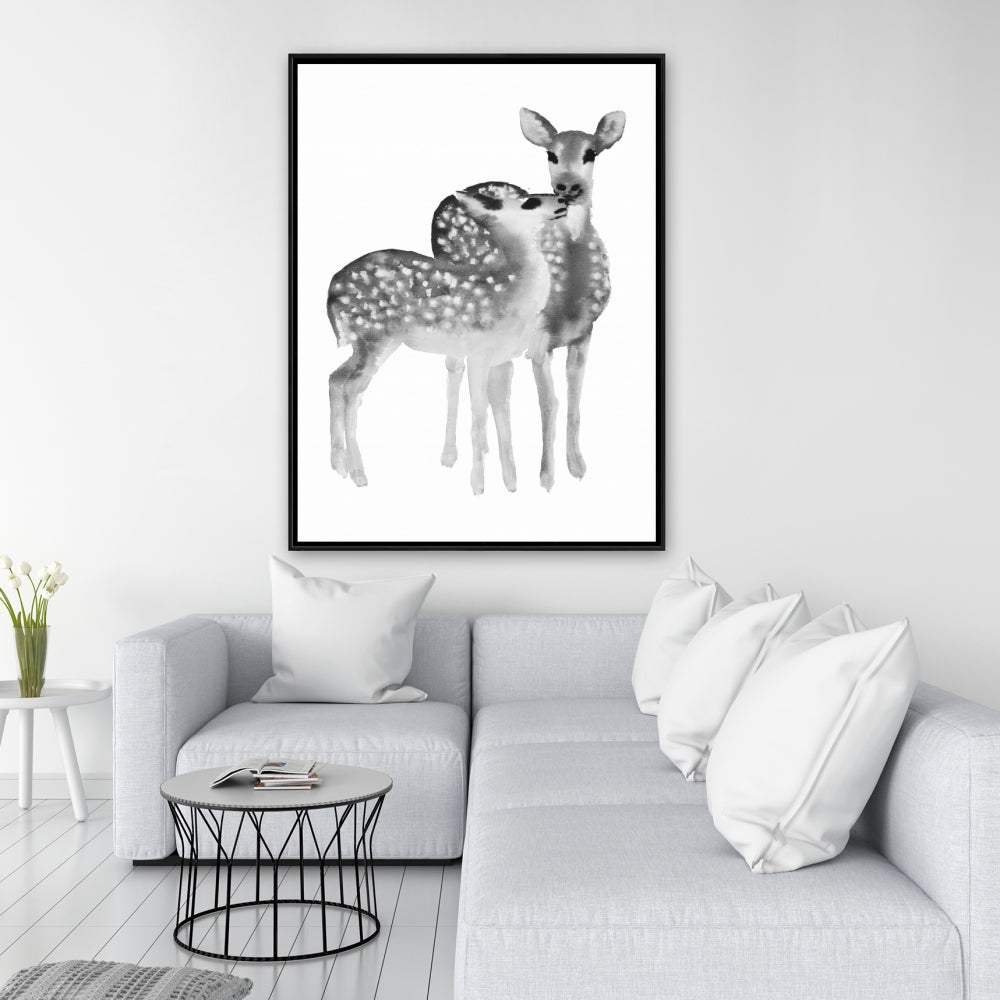 Toile encadrée grise « Les faons adorent les animaux monochromes » - Décoration d'intérieur
