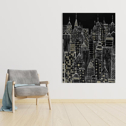 Illustrative City Towers Black Canvas - Living Room Decor