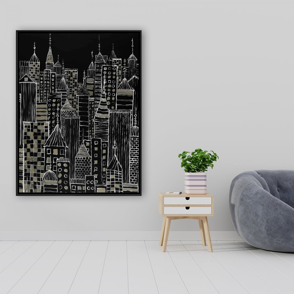 Toile illustrative de tours urbaines – Décoration murale encadrée pour la maison