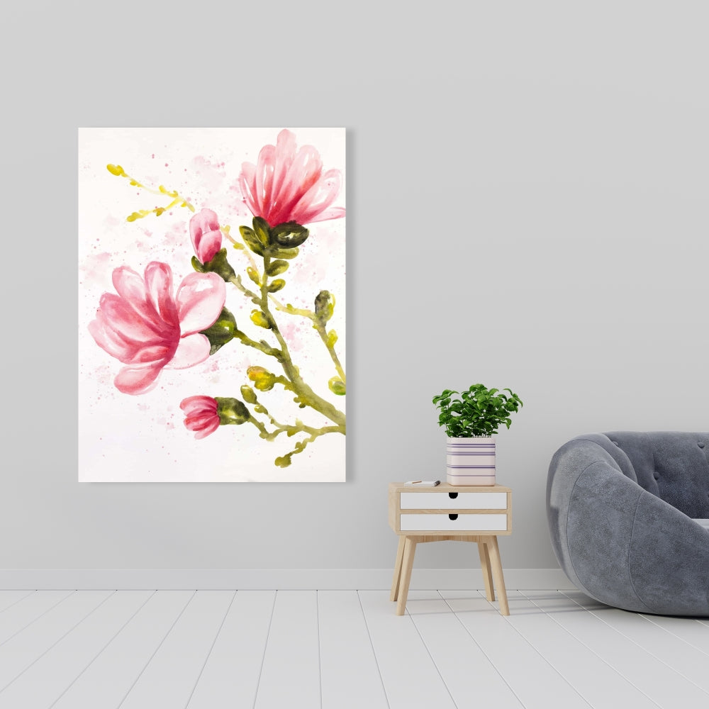 Watercolor Magnolia Flowers Pink Canvas | Bedroom Decor Art