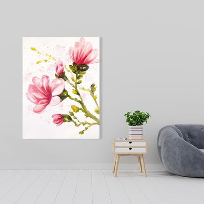 Watercolor Magnolia Flowers Pink Canvas | Bedroom Decor Art