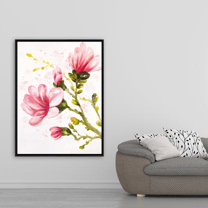 Toile encadrée « Fleurs de magnolia à l'aquarelle » | Décoration romantique