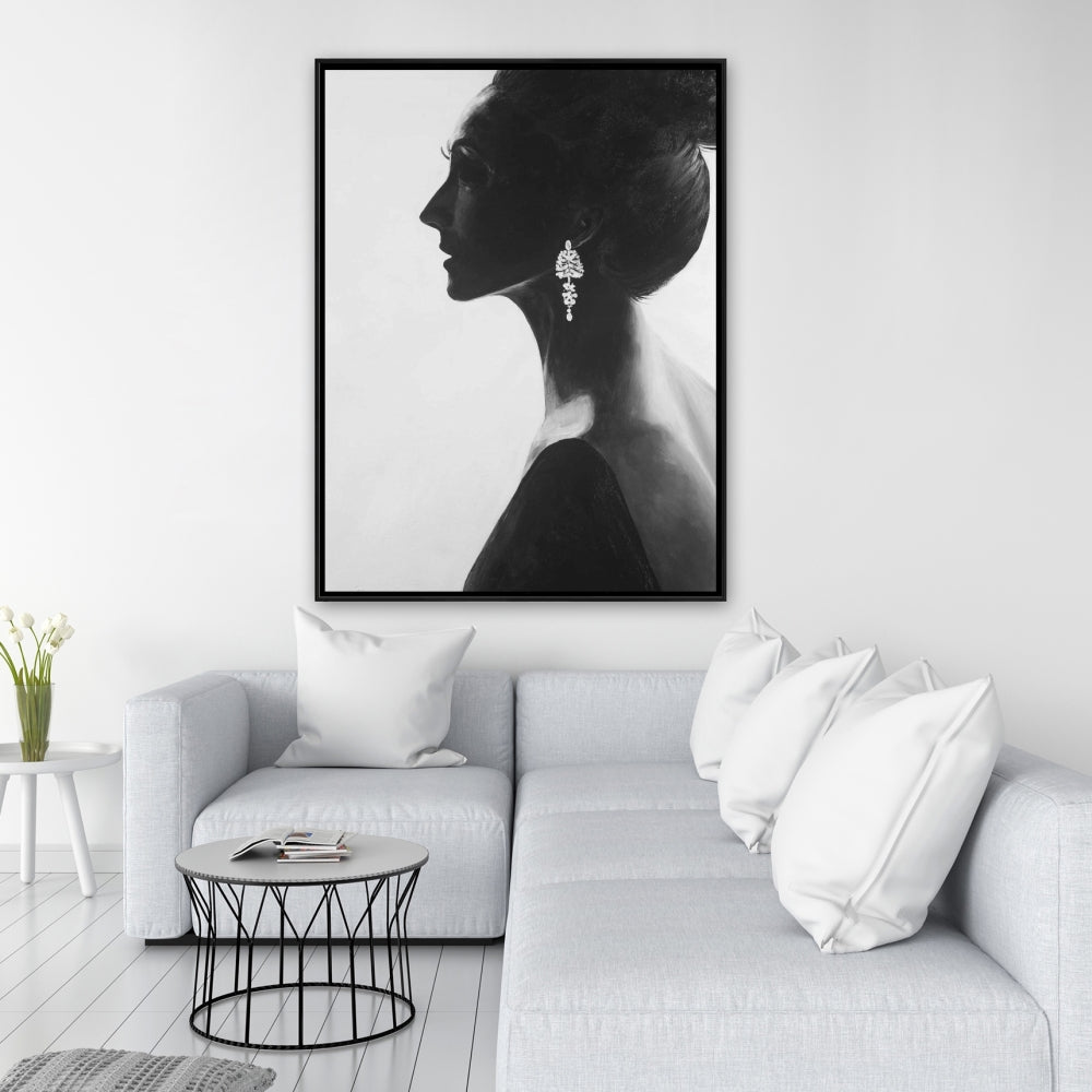 Toile monochrome « Femme chic » | Cadre blanc, décoration d'intérieur