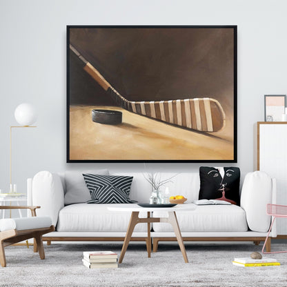 Toile encadrée représentant un bâton et une rondelle de hockey - Décoration d'intérieur sportive