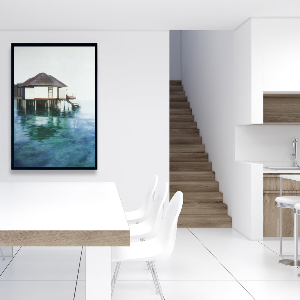 Toile encadrée « Dream Travel » turquoise pour salle de bain côtière