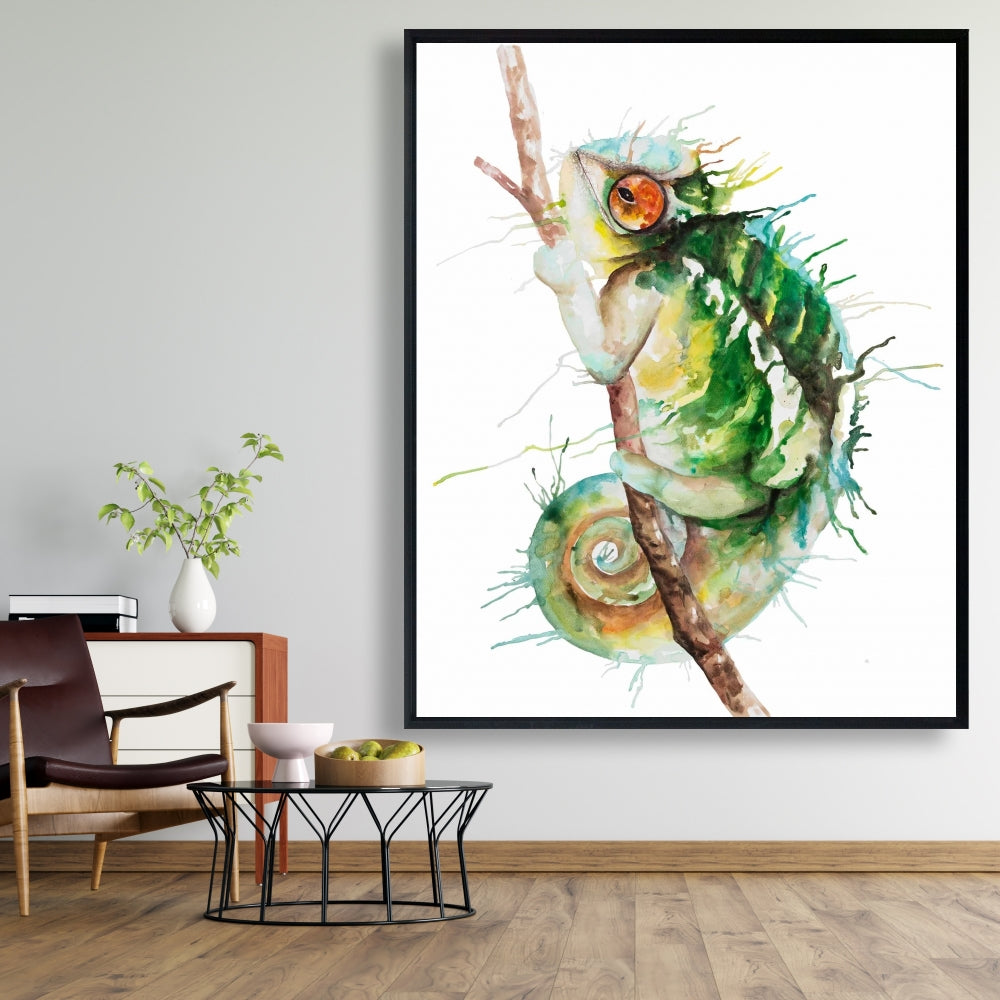 Toile aquarelle caméléon | Décoration de chambre reptile | Encadrée