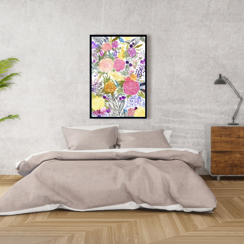 Toile encadrée violette botanique | Décoration bouquet de fleurs