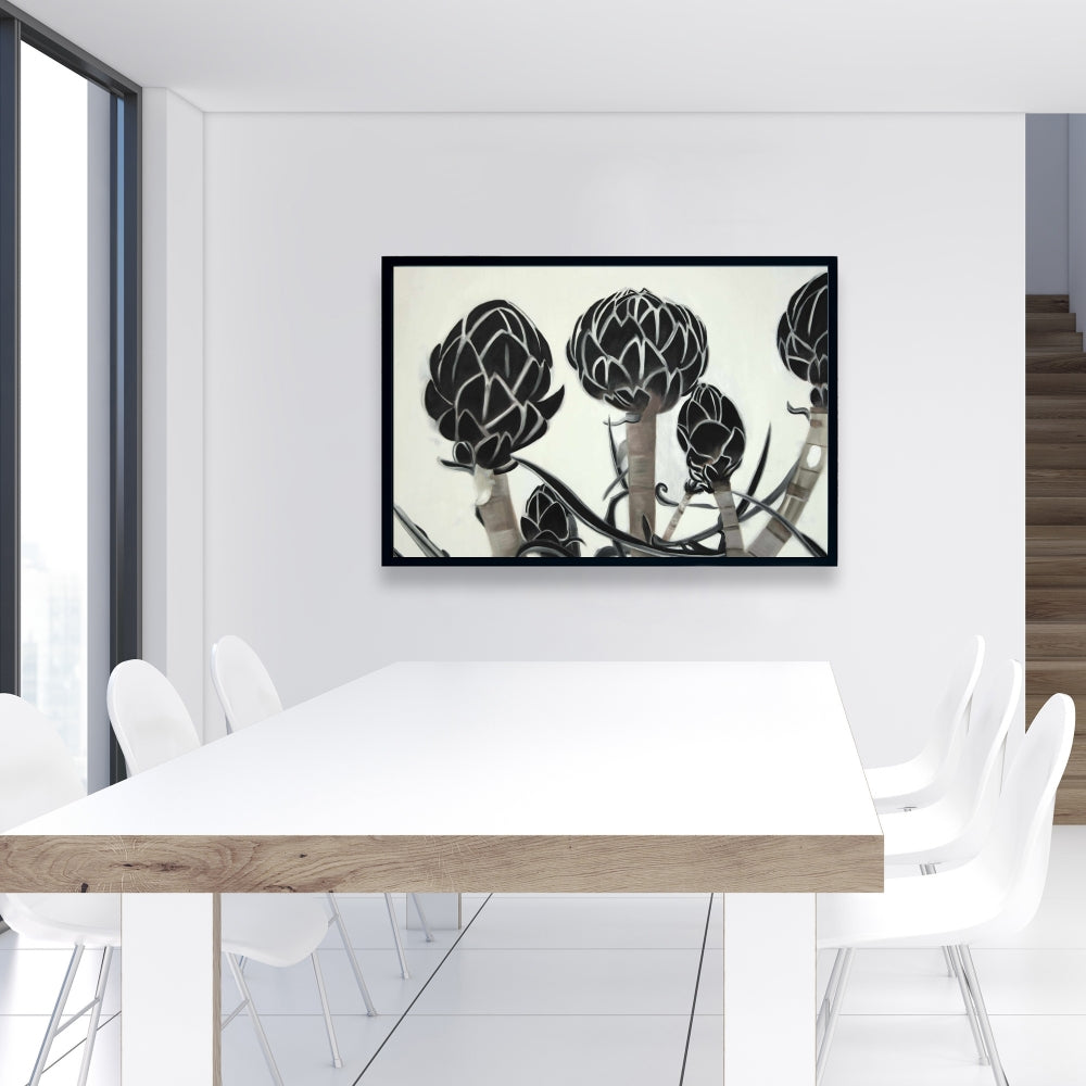 Toile Artichauts - Décoration florale et botanique de cuisine avec cadre noir